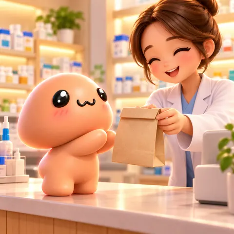 The mascot collecting a prescription at a pharmacy
