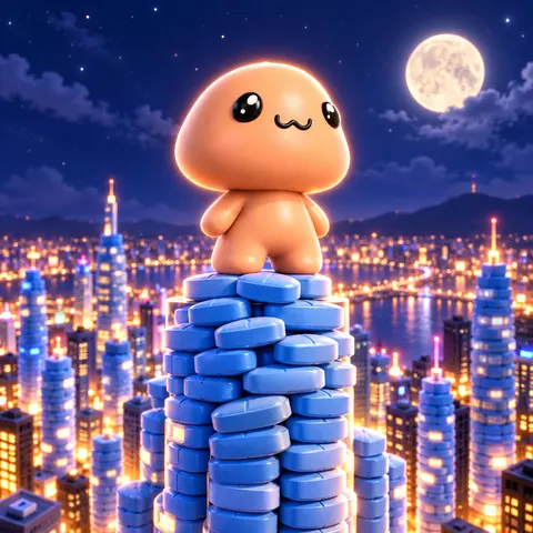 The mascot standing on a tower of blue pills